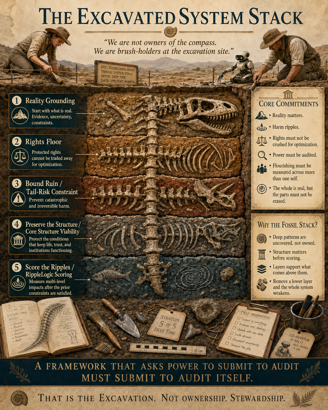 The Excavated System Stack teaching image: Reality Grounding, Rights Floor and non-compensatory rights constraints, Tail-Risk Constraint, Containment and Structural Viability, and the RippleLogic Score.