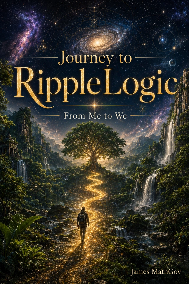 Journey to RippleLogic: From Me to We, by James MathGov. A traveler follows a luminous path toward a tree beneath a cosmic sky.