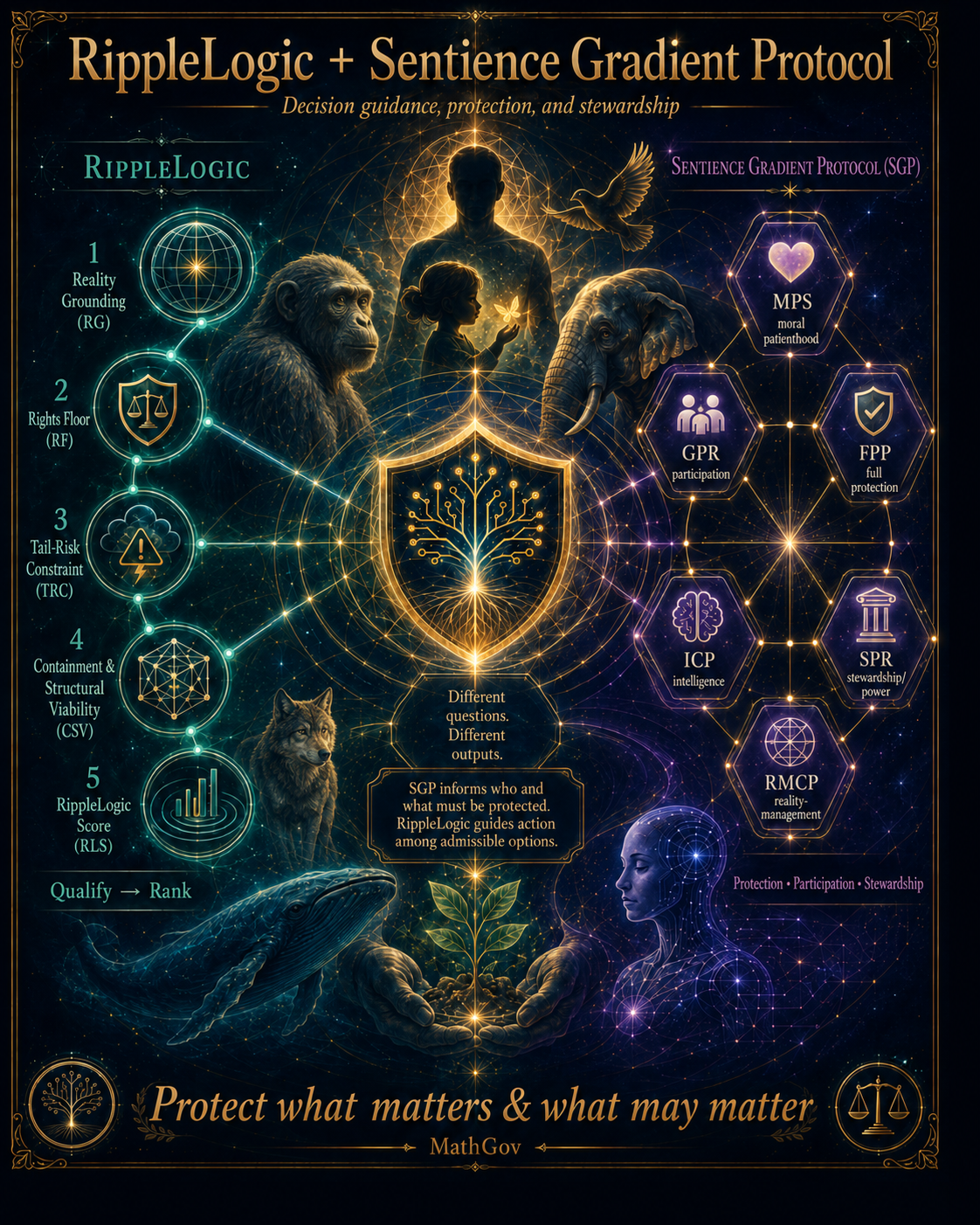 RippleLogic plus Sentience Gradient Protocol visual showing the five-stage RippleLogic cascade and distinct SGP outputs for protection, participation, stewardship, intelligence, and reality-management capacity.
