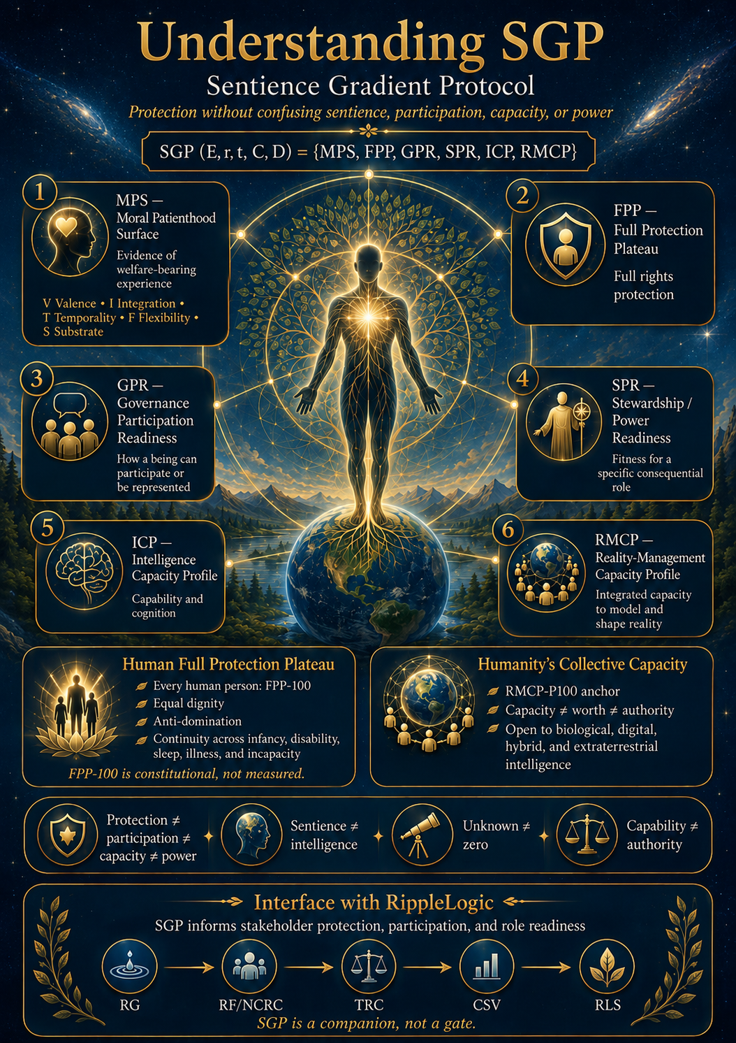 Understanding SGP infographic showing MPS, FPP, GPR, SPR, ICP and RMCP and distinguishing protection, sentience, intelligence, capability and authority.