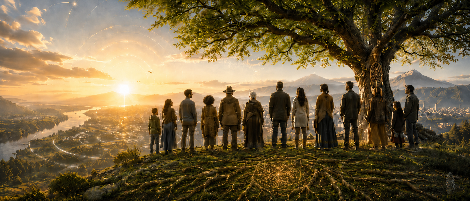 A diverse intergenerational group standing beneath a large tree and looking over a shared landscape at sunrise, symbolizing interconnected responsibility, flourishing, stewardship, and Ripple Aligners.