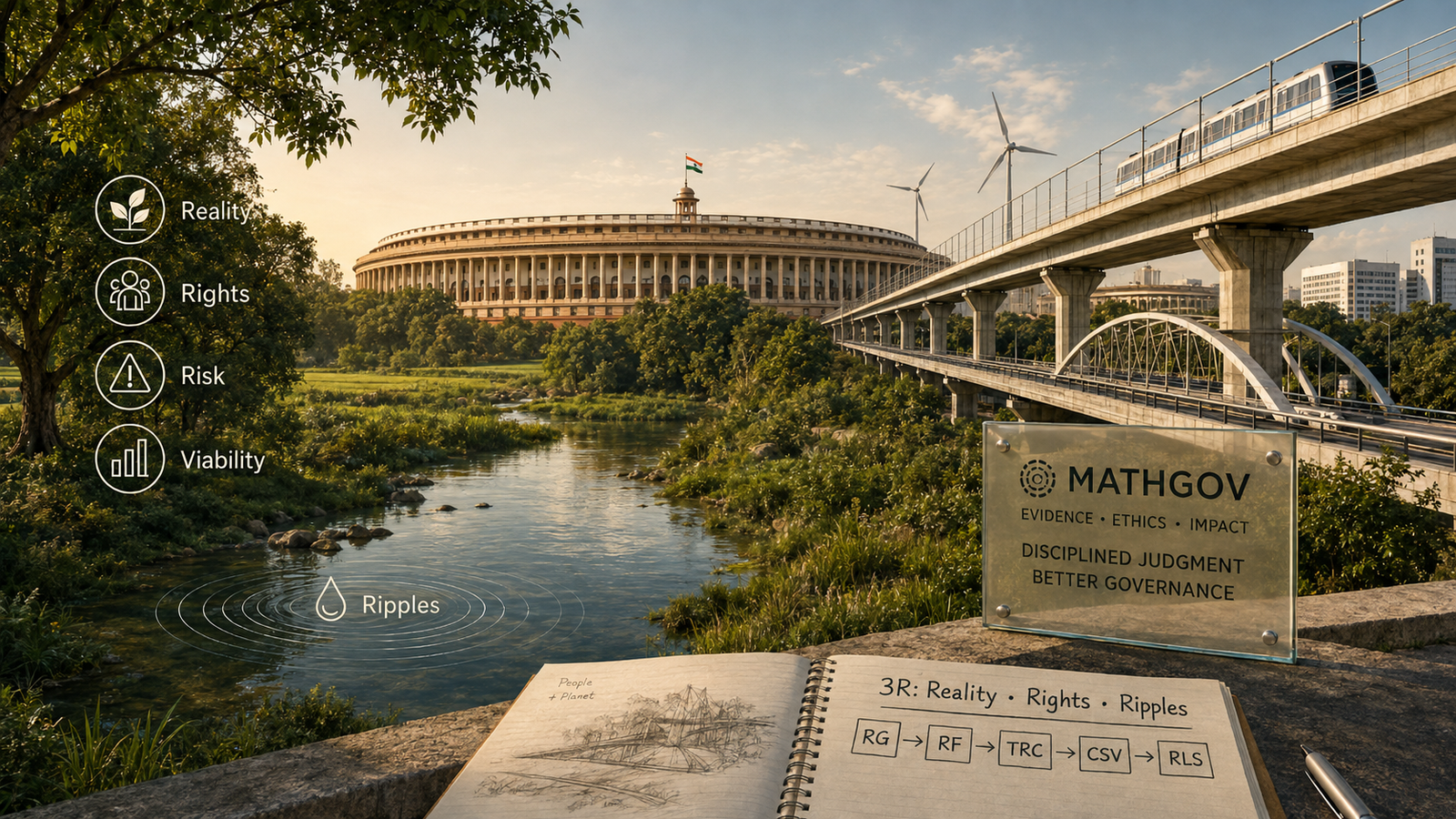 MathGov governance illustration with public infrastructure and the labels Reality, Rights, Risk, Viability and Ripples.