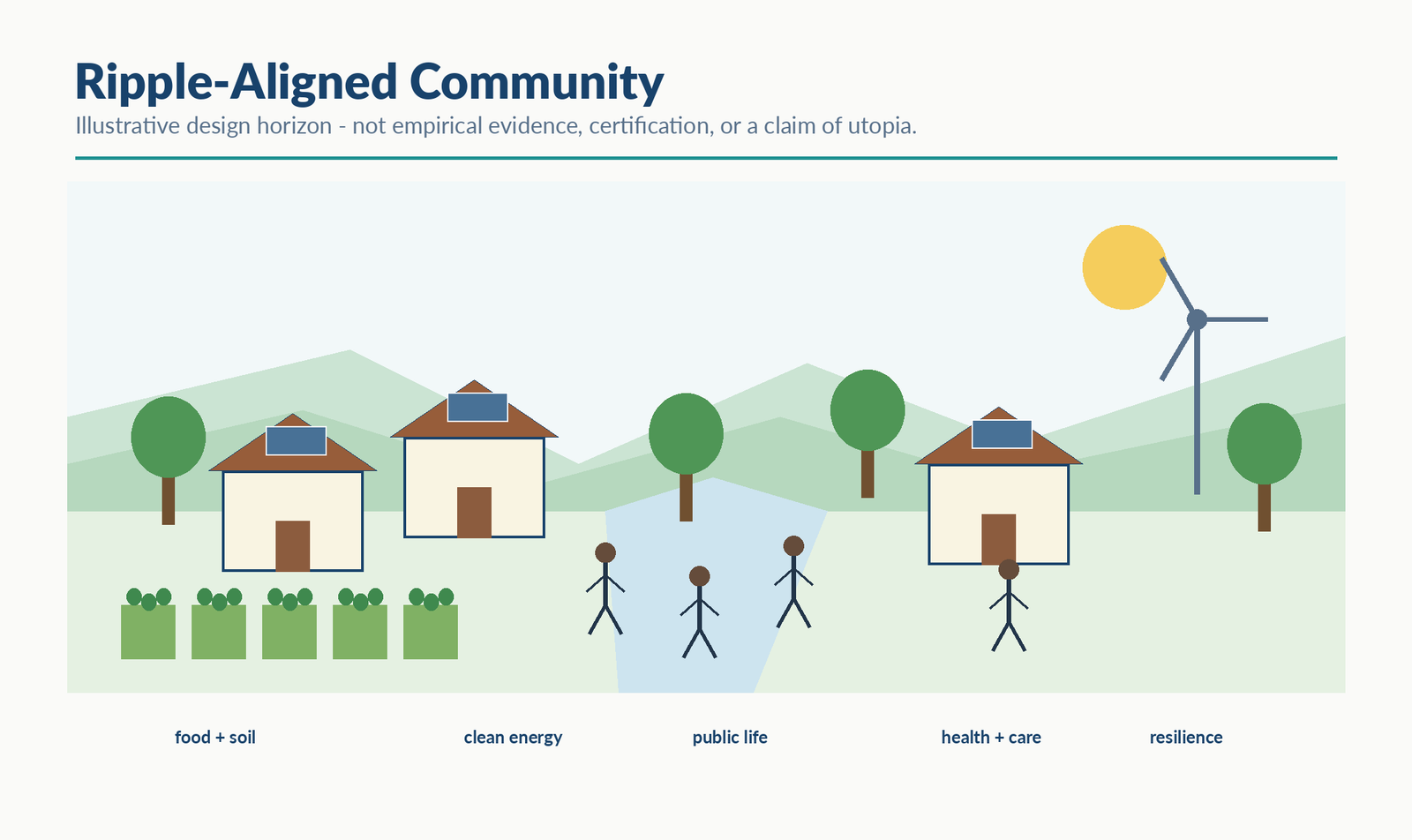Illustrative community design horizon with homes, renewable energy, food growing, water, public space, trees, and people. It is an orientation image only, not empirical evidence, certification, a forecast, a blueprint, or a claim of utopia.