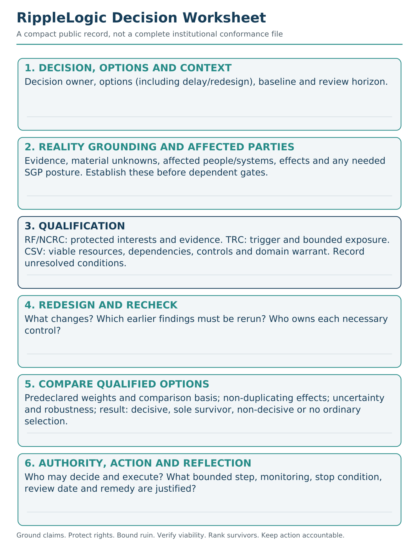 Blank public decision worksheet: define options, ground stakeholders and evidence, qualify, redesign, compare, authorize, act and reflect.