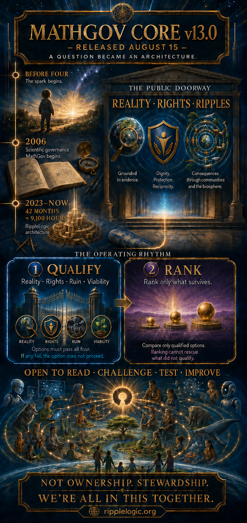 MathGov Core v13.0 artwork: Reality, Rights, Ripples; qualify before ranking. The artwork carries an August 15 date; the current Release I is dated 26 September 2026.