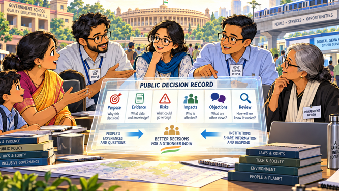 Illustrated public decision record: citizens, officials and reviewers discuss purpose, evidence, risks, impacts, objections and review.